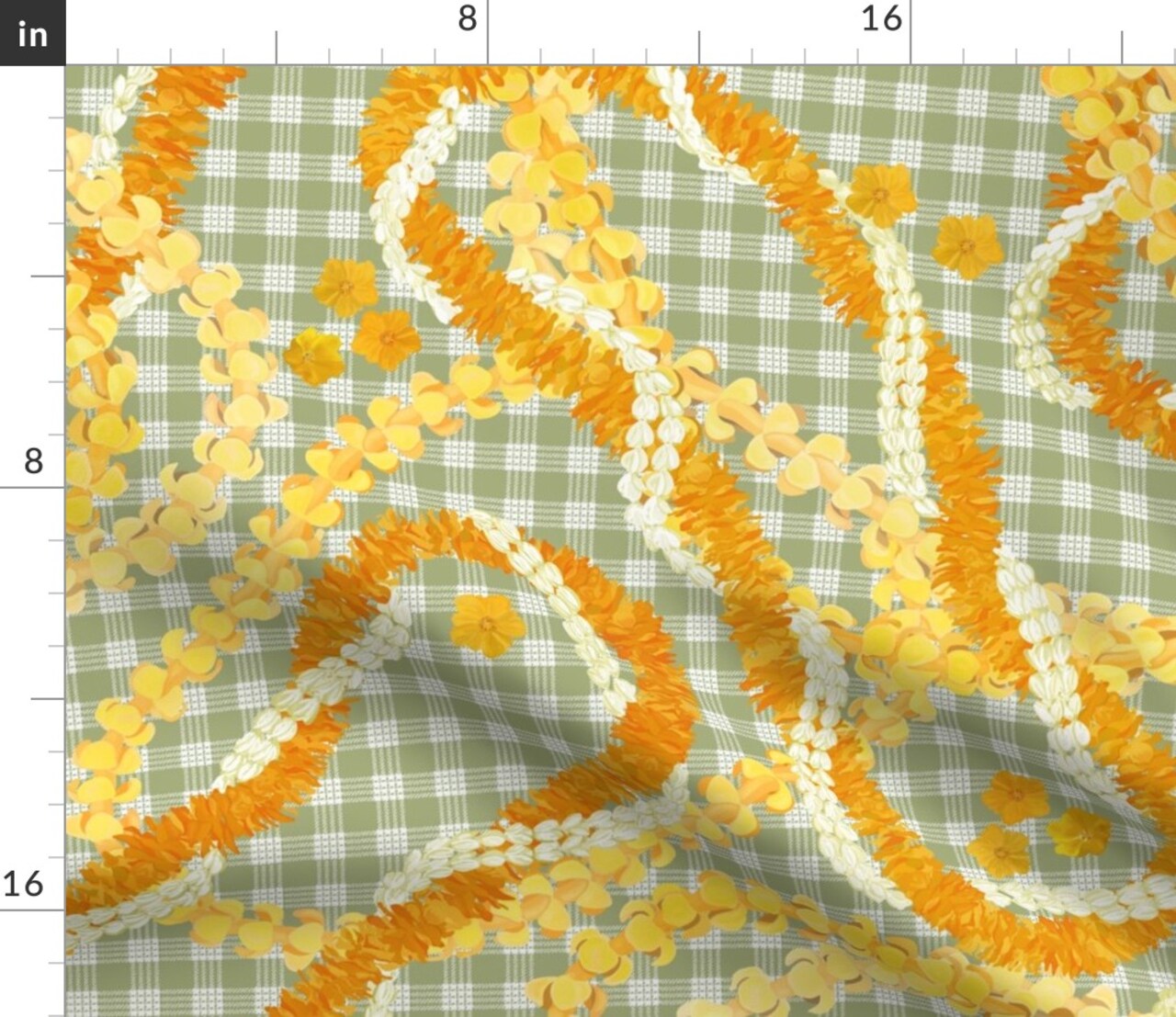 Hawaii Palaka Lei Floral Green Yellow Orange Sage Aloha Traditional Hawaiian Custom Printed Fabric by Spoonflower Various Fabrics by the Yard or Fat Quarter